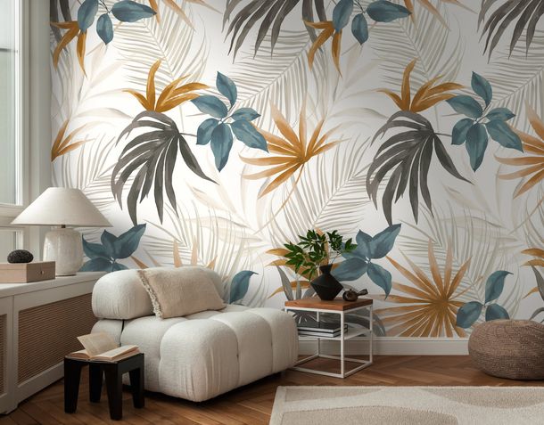 Photo wallpaper jungle leaves white beige 79145-1