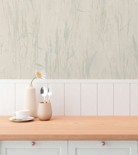 Non-woven wallpaper grass motif grey beige green 79094-5