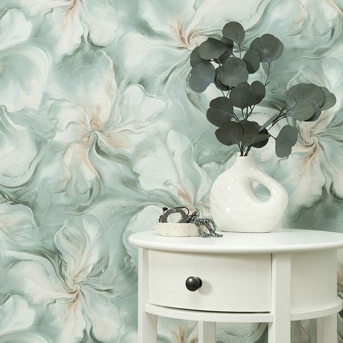 Vliestapete Blumen Grün Beige Silber Glitzer 10514-18 Raum