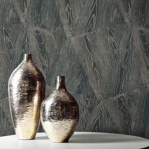 Non-woven wallpaper wood tile black gold metallic 10439-47