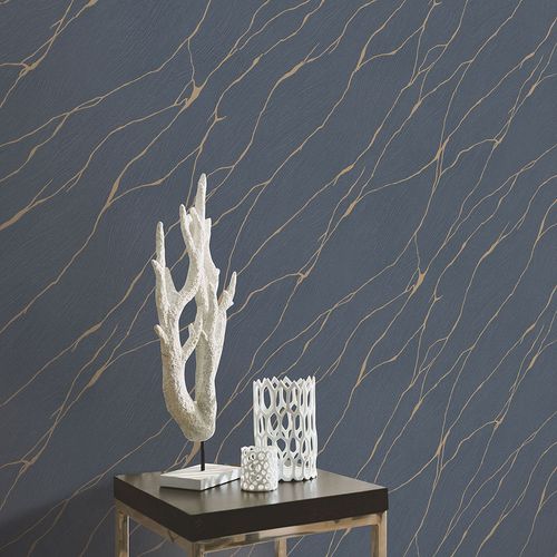 Non-woven wallpaper marble look blue gold metallic 10440-08