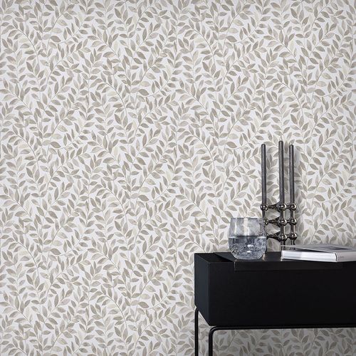 Non-woven wallpaper Leaves White Brown Beige 10462-11