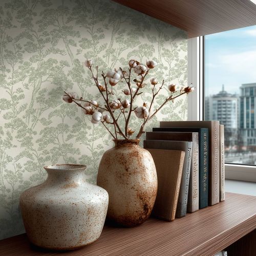 Non-woven wallpaper forest motif trees cream green 79001-3