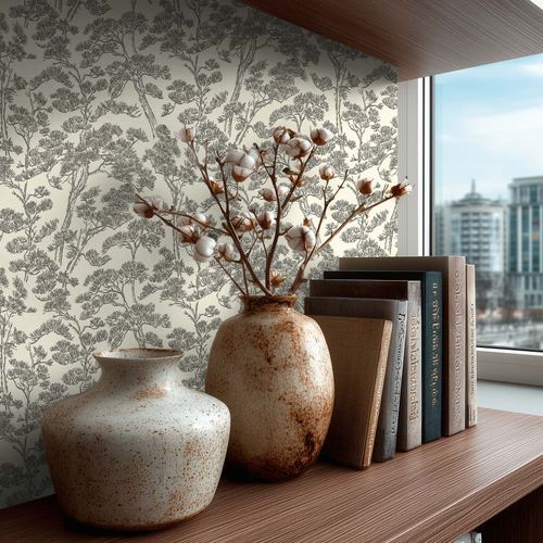Non-woven wallpaper forest motif trees white grey 79001-5