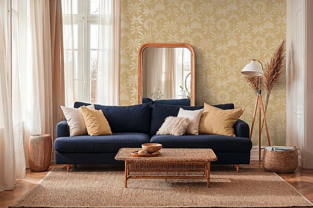 Vliestapete Blätter Palmen Gelb Creme Metallic 79163-4 Zimmer