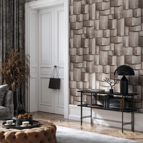 Vliestapete Kacheln Holzoptik 3D-Effekt Braun Grau 35393 Raum