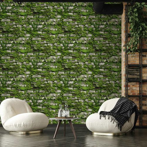 Non-woven wallpaper stone look brick moss green grey 45731