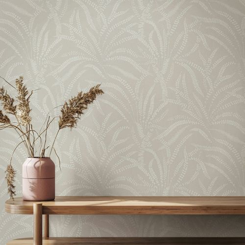 Vliestapete Floral Leinenoptik Hellbraun Creme 82508 Raum
