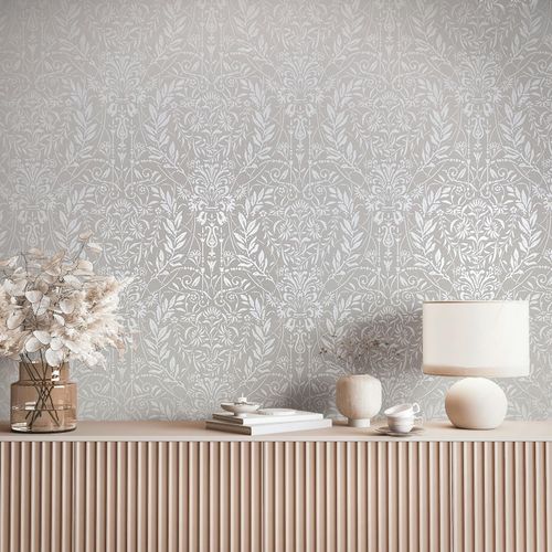 Vliestapete Barock Motiv Floral Beige Grau Metallic 82512 Raum