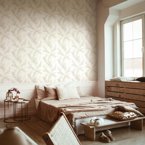 Vliestapete Blattmuster Ranken Weiß Beige Grün 89015 Raum