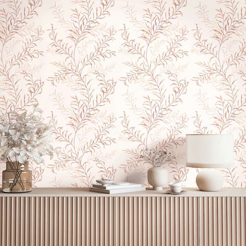 Vliestapete Blattmuster Ranken Rosa Orange Beige 89016 Raum