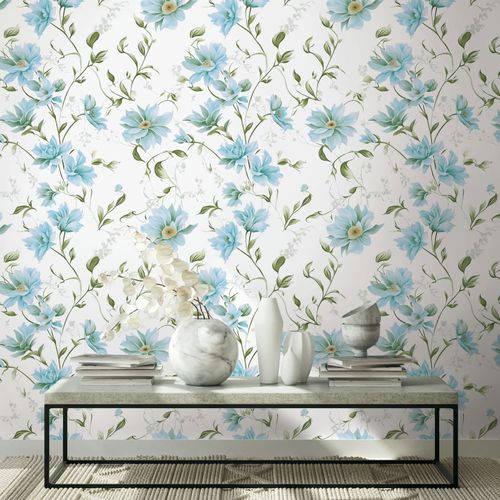 Vliestapete Floral Ranken Weiß Blau Grün 89022 Raum