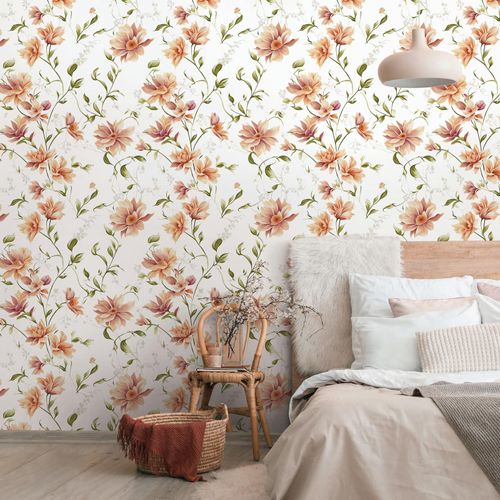 Vliestapete Floral Ranken Weiß Orange Grün 89023 Raum