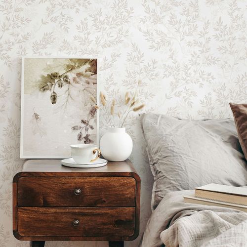 Non-woven Wallpaper Leaves Concrete Look Cream Beige 89028
