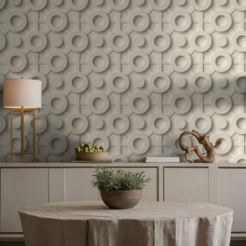 Vliestapete Betonoptik Kreise 3D-Effekt Beige Grau 89032 Raum
