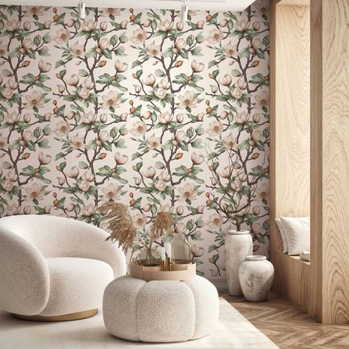 Vliestapete Floral Blumen Creme Beige Grün 89034 Raum
