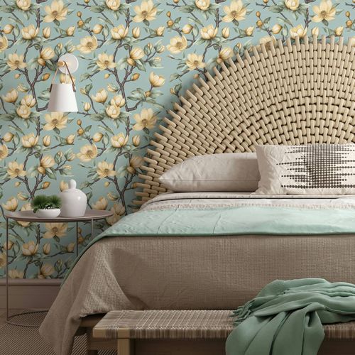 Vliestapete Floral Blumen Blau Gelb Grün 89035 Raum