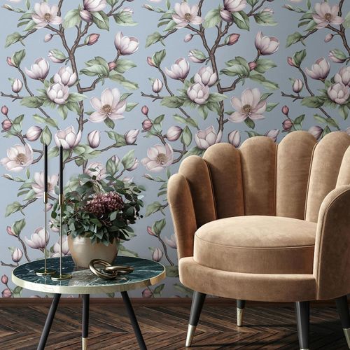 Vliestapete Floral Blumen Blau Lila Grün 89036 Raum