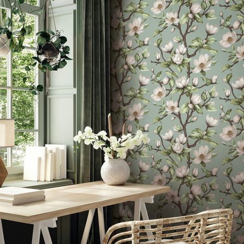 Non-woven Wallpaper Floral Flowers Blue Green White 89037