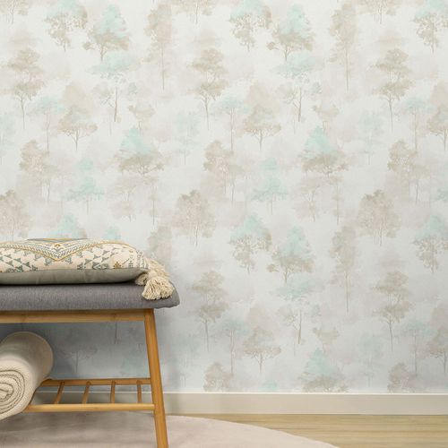 Vliestapete Wald Aquarelloptik Creme Braun Blau 10557-02 Zimmer