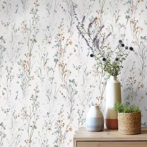 Non-woven Wallpaper Floral White Blue Beige 10561-35