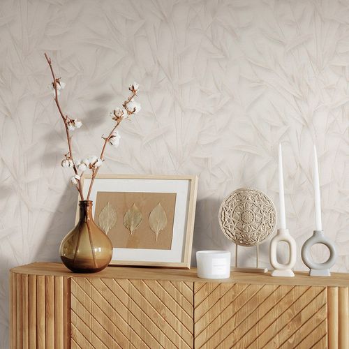 Vliestapete Blattmuster Creme Beige Glitzer 10587-02 Zimmer