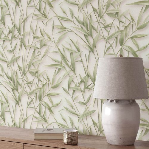 Vliestapete Blattmuster Creme Grün Glitzer 10587-07 Zimmer