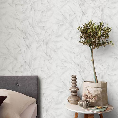 Vliestapete Blattmuster Creme Grau Glitzer 10587-31 Zimmer
