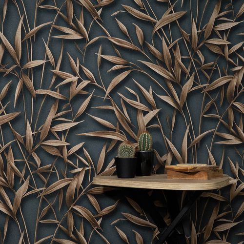 Vliestapete Blattmuster Anthrazit Braun Glitzer 10587-47 Zimmer