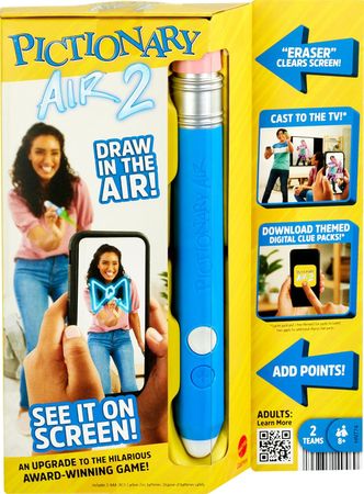Mattel Games Pictionary Air 2 Zeichenspiel mit App, Familienspiel mit Lichtstift und Begriffskarten, zum Verbinden mit dem Smartphone oder Tablet, Scharade, für Spieler ab 8 Jahren, HNT74