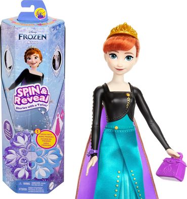 Mattel Disney Die Eiskönigin Anna Modepuppen-Set, Spin & Reveal mit 11 Überraschungen, darunter 5 Accessoires, 5 Sticker und eine Szene zum Spielen, vom Disney-Film inspiriert, HXD27