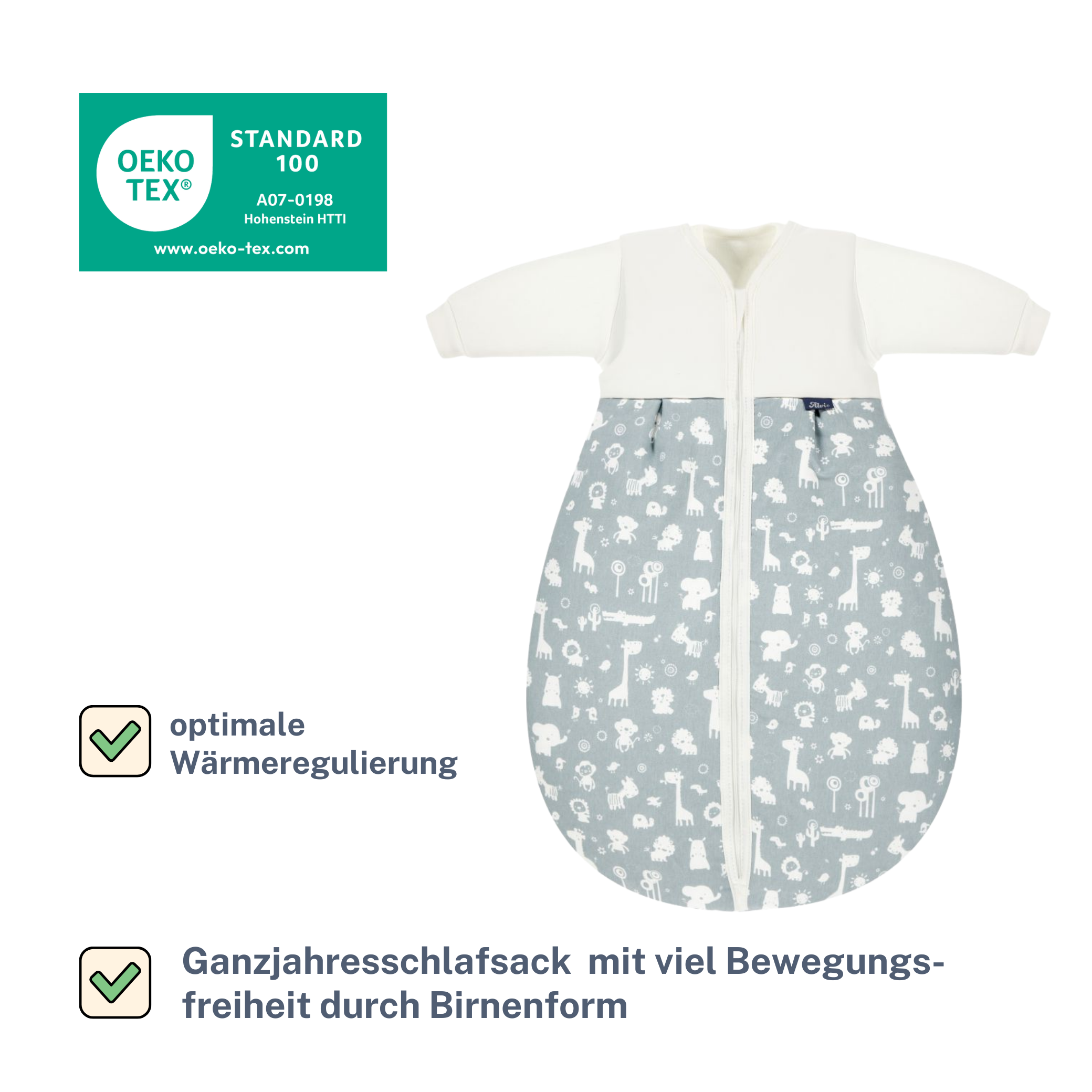 Alvi Kombi-Schlafsack Exklusiv Zootiere Puderblau, Gr. 90 B-Ware