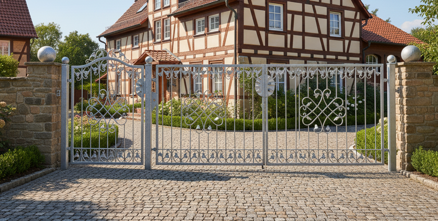 Eingangsanlage Gartentor Hoftor Tor Metall Schmiedeeisen Monaco-GFT500/120S Verzinkt PREMIUM P.-Set 100 Eingangsanlage Gartentor Hoftor Tor Metall Schmiedeeisen Monaco-GFT500/120S Verzinkt PREMIUM P.-Set 100