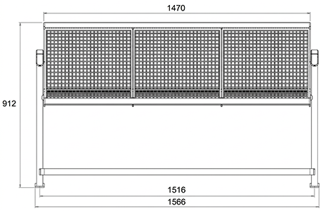 Seniorenbank BAKU mit Rückenlehne, aus Stahl & Drahtgitter, mit 3 Einstellplätzen als Zeichnung mit Abmessungen in mm