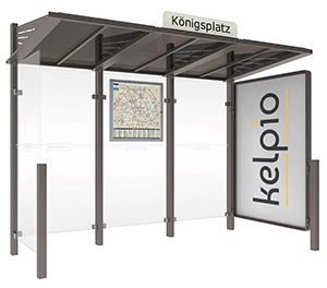 Buswartehalle DOHA mit Schaukasten rechts und Seitenverkleidung links