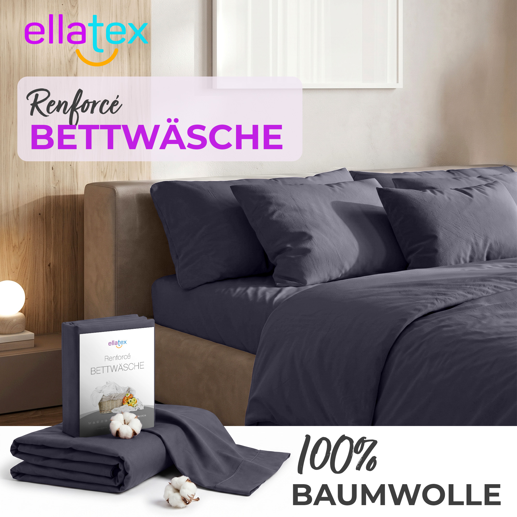 EllaTex Renforcé Bettwäsche Set aus Baumwolle – mit Reißverschluss