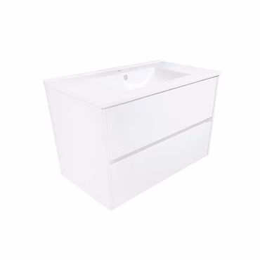 BELVIT Drava Badunterschrank 60 cm Weiß Hochglanz – hängender Waschtischunterschrank mit 2 Soft-Close Schubladen – Grifflose Badmöbel 60x50 cm