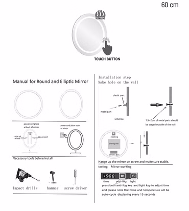 Aloni Omega LED Spiegel rund rahmenlos 60 cm mit separat zuschaltbarer Heizung, einstellbarer Farbtemperatur 3500–6500 K, Touch-Steuerung, IP44, ideal für Badezimmer
