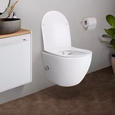 Spülrandloses Hänge Dusch WC Komplettset mit Taharet Kalt/-Warmwasserarmatur Softclose Sitz Drückerplatte Vorwandelement