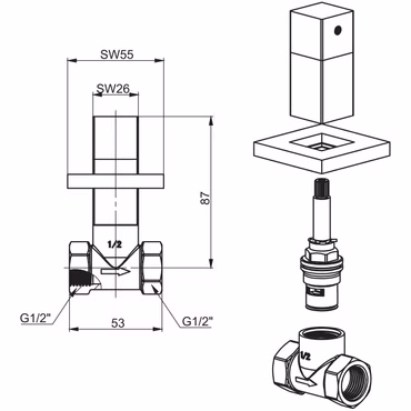 Absperrventil Unterputzventil Wandventil Eckventil Messing 1/2" quadratisch