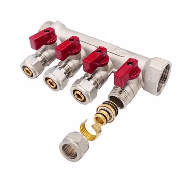 Heizkreisverteiler Verteiler mit 4 Abgängen Kugelhahn Rot MF-1" 4 x 16