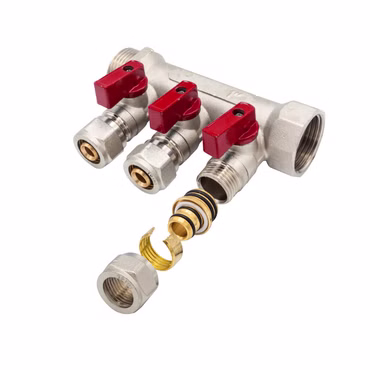 Heizkreisverteiler Verteiler mit 3 Abgängen Kugelhahn Rot MF-1” 3 x 16