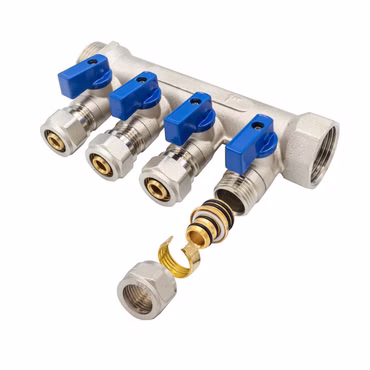 Heizkreisverteiler Verteiler mit 4 Abgängen Kugelhahn Blau MF-1" 4 x 16