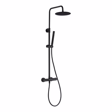 Duschsystem Duschgarnitur Mattschwarz rund mit Regendusche Handbrause Thermostat und Duschstange