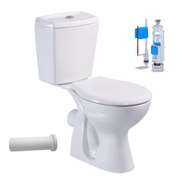 Stand-WC mit Taharetfunktion und waagerechtem Wandabgang inkl. Keramik-Spülkasten & Softclose WC-Sitz – Komplettset