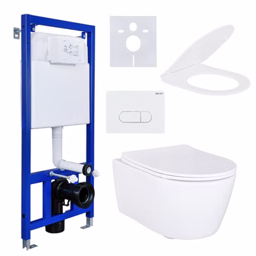 BELVIT PRO WC-Komplettset spülrandlos in Weiß mit Softclose-Sitz, Vorwandelement, Drückerplatte und Schallschutz