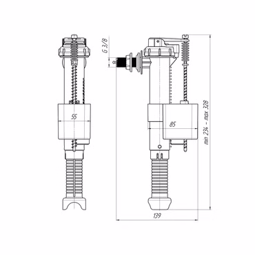 Belvit Füllventil für WC Spülkasten 3/8" Anschluss seitlich höhenverstellbar 234-328 mm