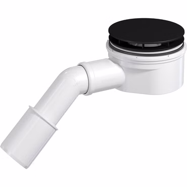PREVEX Showerloc Ablaufgarnitur flach mit Siphon matt schwarz 90 mm mit Haarsieb 40 50 mm Auslass