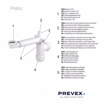 PREVEX Preloc Sifon für Waschbecken / Badezimmer, platzsparender Universal-Siphon | aus recyceltem Kunststoff