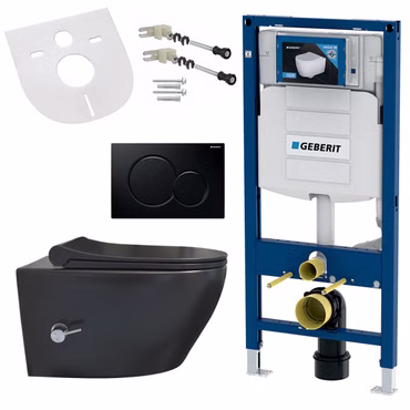 Spülrandloses Hänge WC mit Softclose Deckel, Armatur, schwarzer Betätigungsplatte kompatibel mit Geberit Vorwandelement